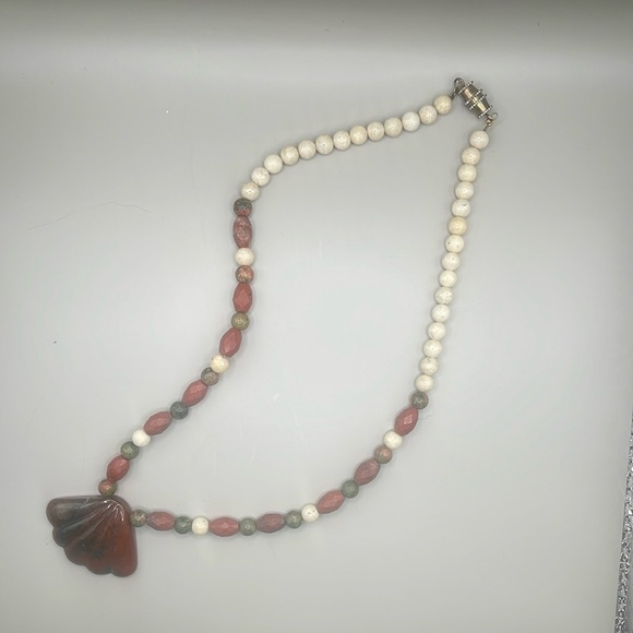 Handcrafted Red, Green, & White Beaded Necklace with Shell Pendant - Picture 1 of 6